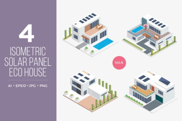 太阳能发电楼房场景2.5D等距概念插画v6 Isometric Solar Panel Eco House Vector Set 6