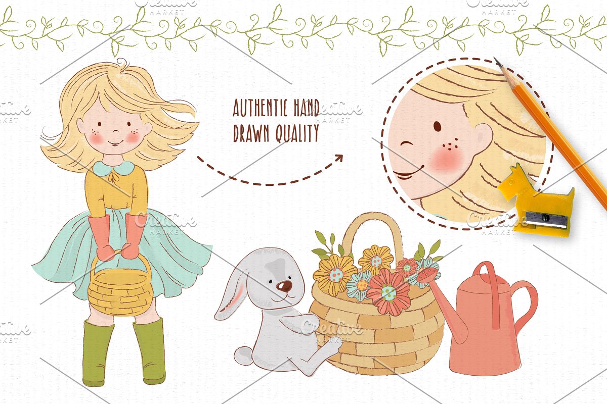 春天花园小女孩&花卉矢量图集插图(2)