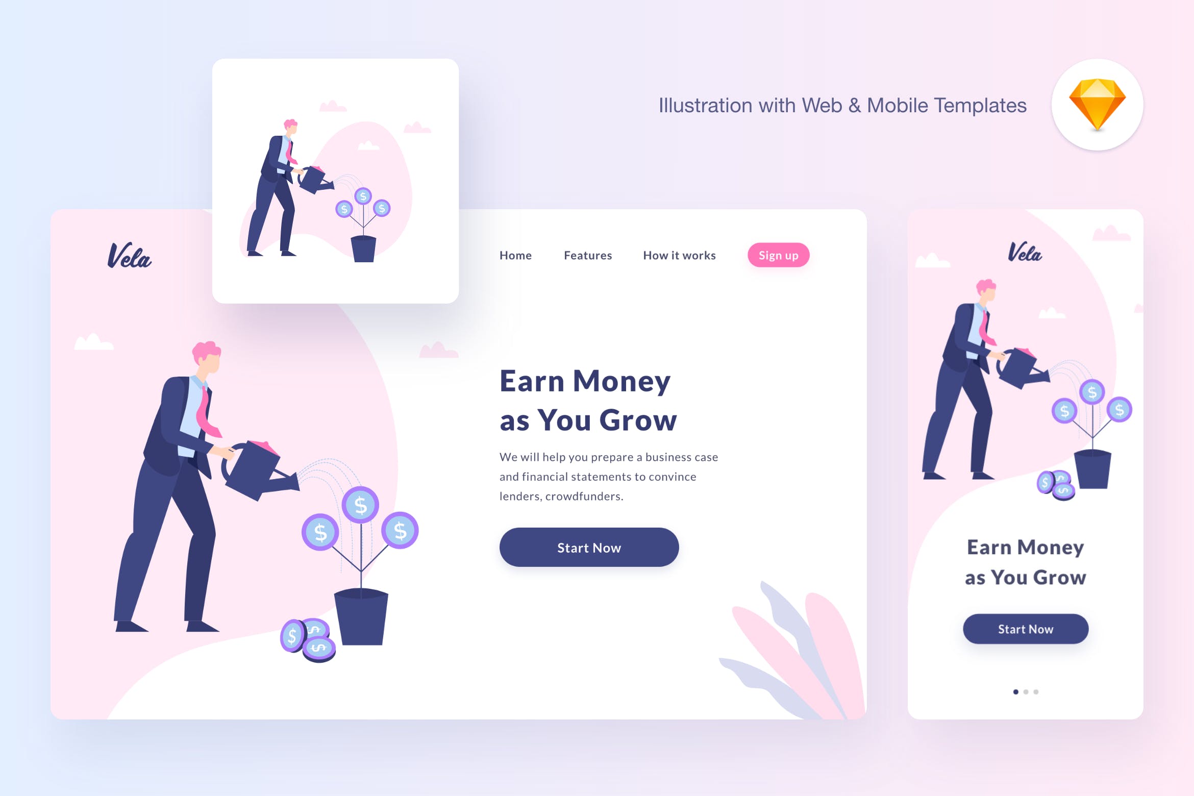 佣金计划矢量概念插画素材[SKETCH&SVG] Vela growing illustration (Sketch, SVG)插图