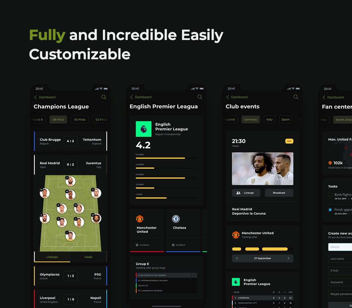 足球赛事APP应用UI设计素材库精选套件[黑暗模式版本] Soccer mobile app – Dark UI插图(4)