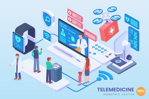 远程医疗技术等距矢量科技素材库精选概念插画 Isometric Telemedicine Vector Concept