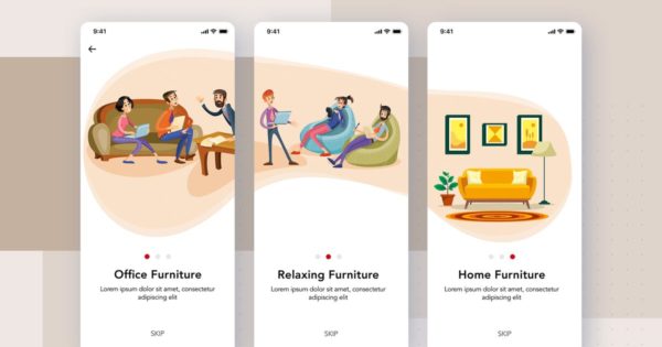 家具网上商城APP启动页屏幕界面设计SKETCH素材 3 Onboarding screens for Furniture App