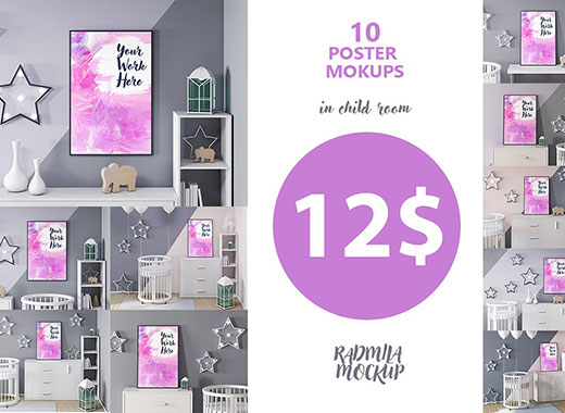 10款孩子室内海报框架展示模型集合下载Poster frame mockup in child room[psd]