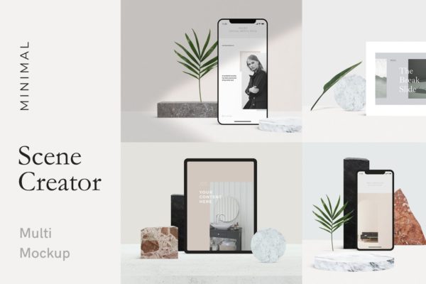 62个预制场景响应式UI设计展示样机素材库精选套装 Minimal Multi Mockup Scene Creator