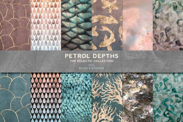 精美的玫瑰金彩虹色调有机图案纹理 Petrol Depths in Gold &amp; Iridescence
