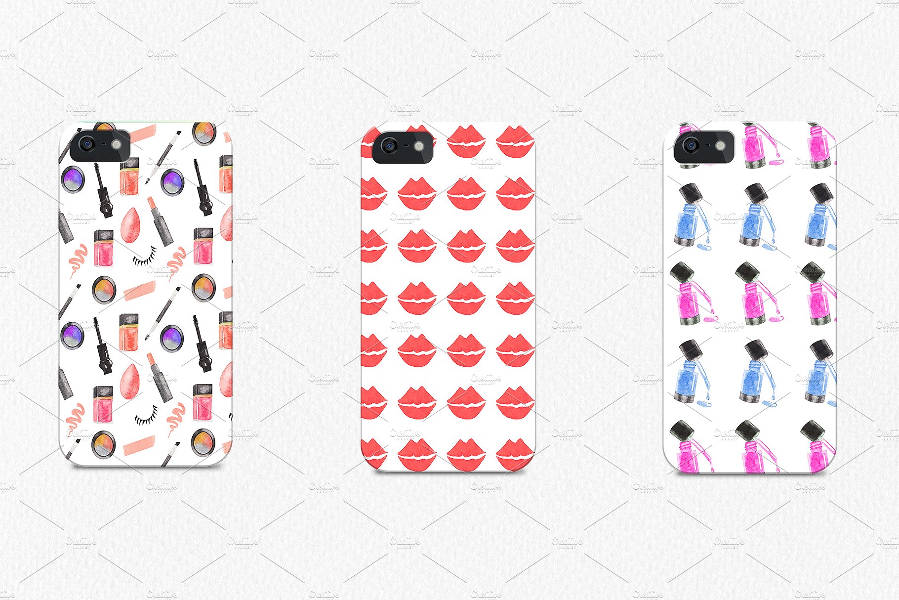 50个时尚手绘情人节风格的女性化妆品背景纹理集合插图