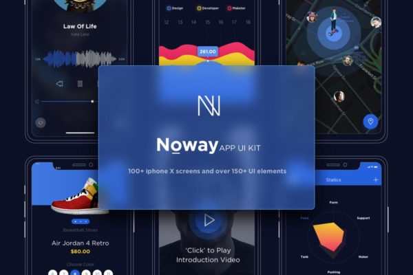 刘海屏创意手机APP应用UI套件[Sketch &amp; Adobe XD ] Noway Mobile App UI Kit