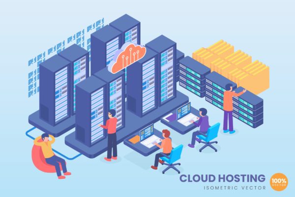 云服务器技术等距矢量概念插画素材 Isometric Cloud Hosting Technology Vector Concept