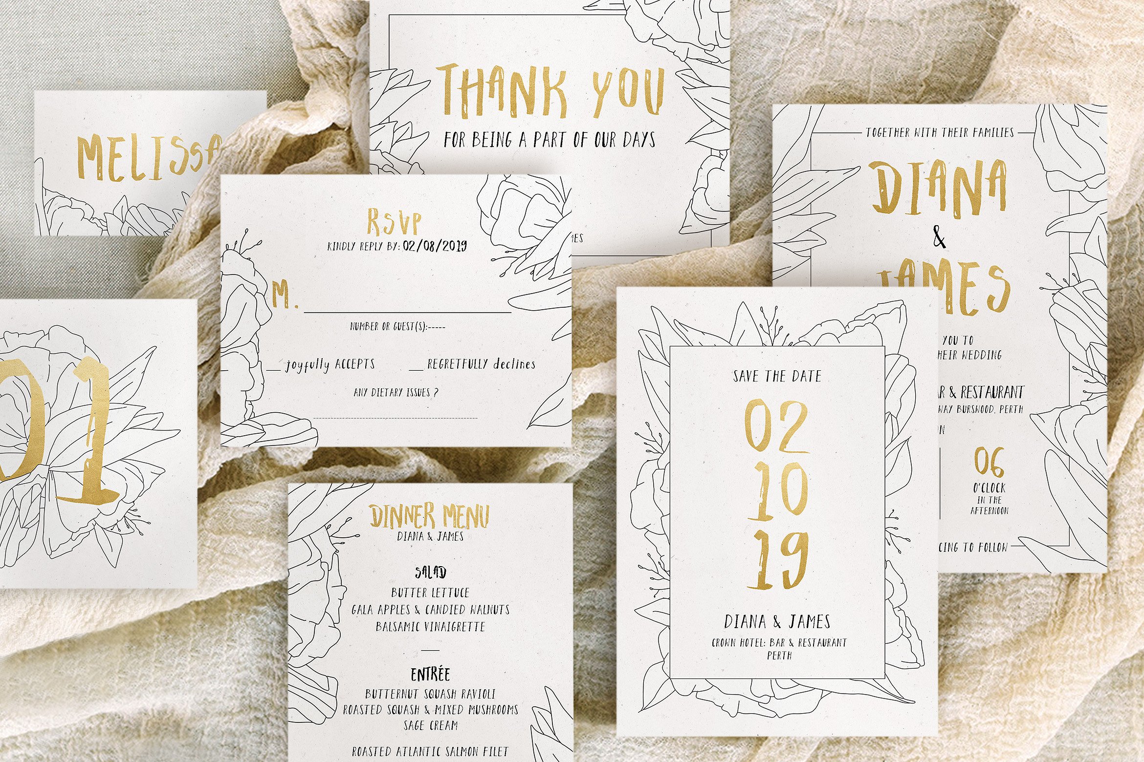 简笔画手绘花卉婚礼设计套装 Simple Floral Outline Wedding Suite插图(1)