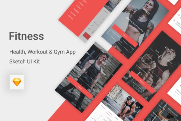 健身运动主题APP应用用户界面UI工具包[for Sketch] Fitness – Health, Workout &amp; Gym UI Kit for Sketch