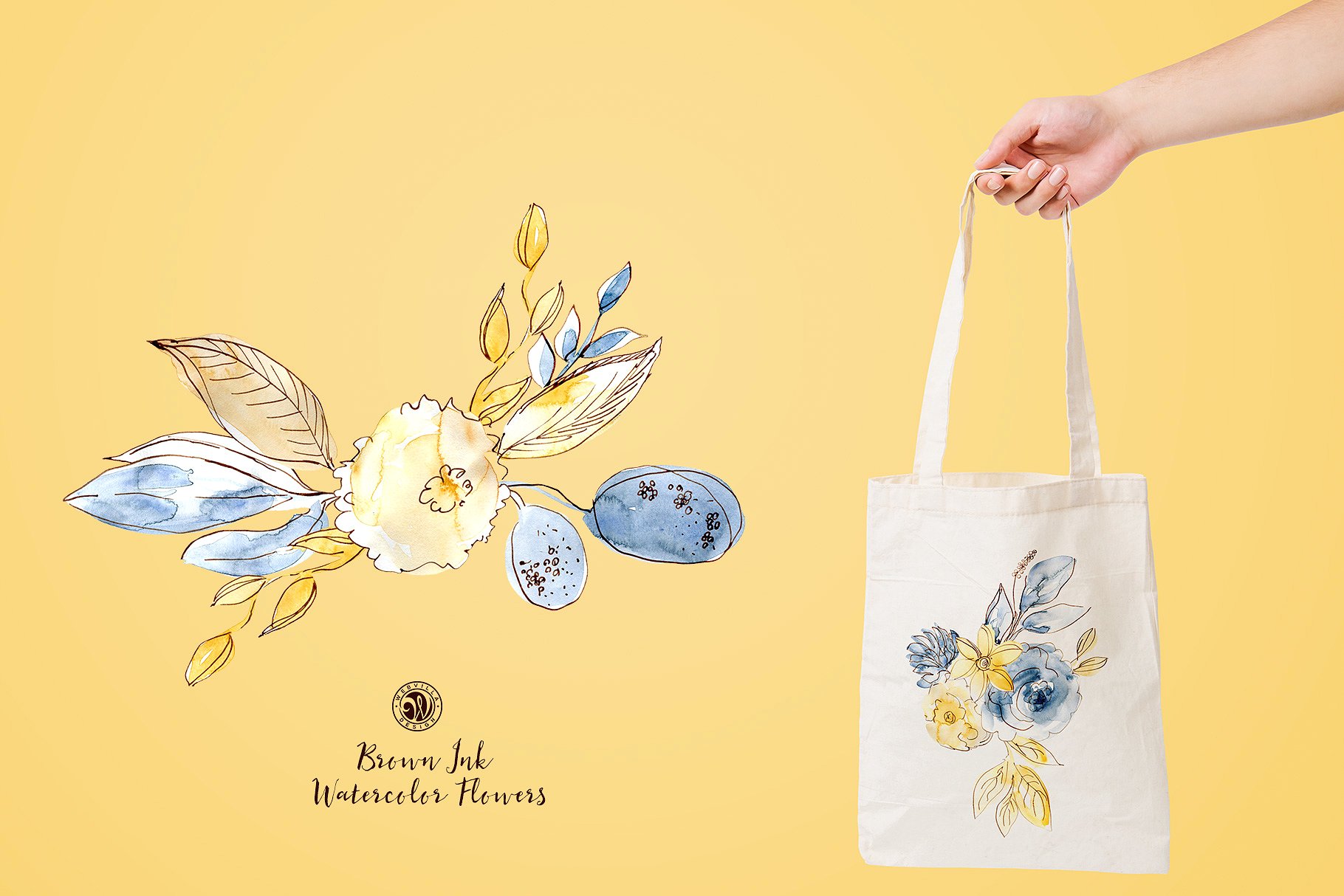 棕色油墨手绘水彩花卉元素 Brown Ink Watercolor Flowers插图(3)