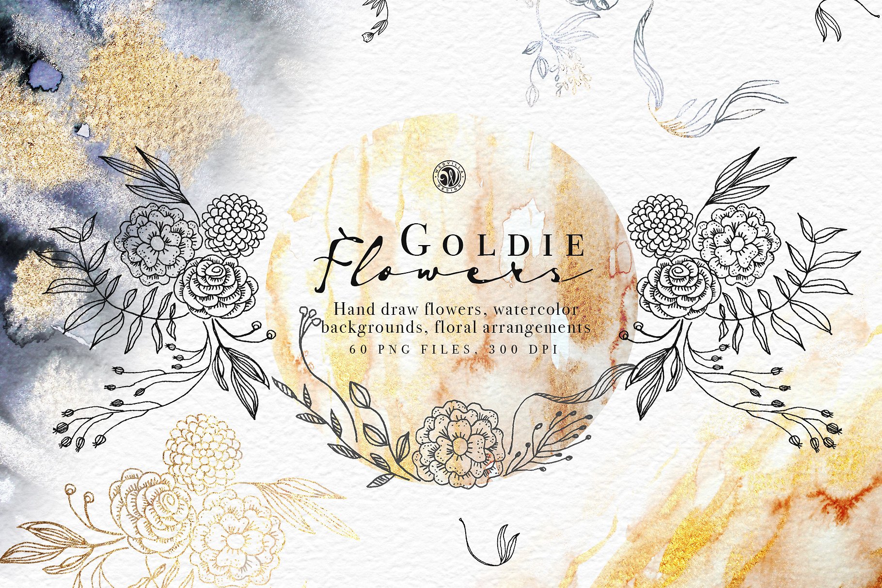 金箔水彩花卉图案背景插画 Goldie Flowers插图