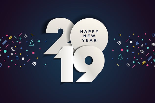 2019年新年暗夜蓝年会海报矢量背景模板 Happy New Year 2019插图(1)