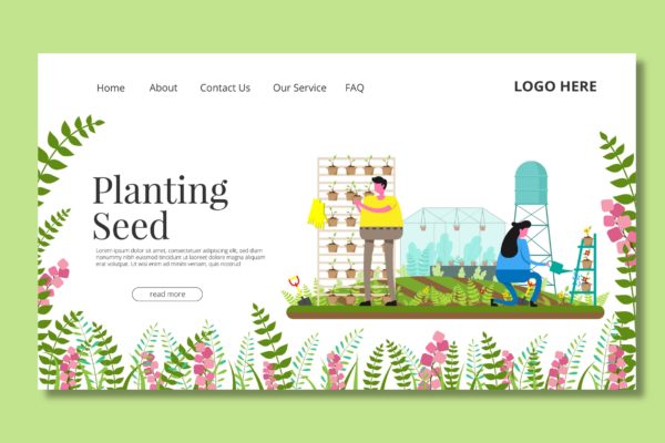 农场耕种主题矢量插画网站着陆页设计素材库精选模板 Seeding Garden – Landing Page