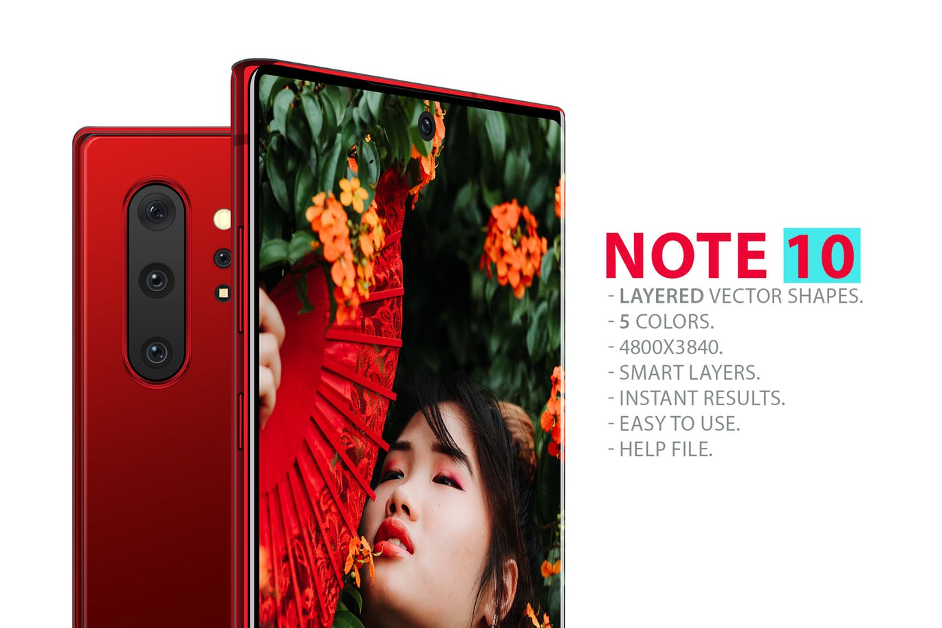 三星智能手机Note 10前视图和后视图样机PSD模板 Note 10 Front and Back Layered PSD MockUps插图