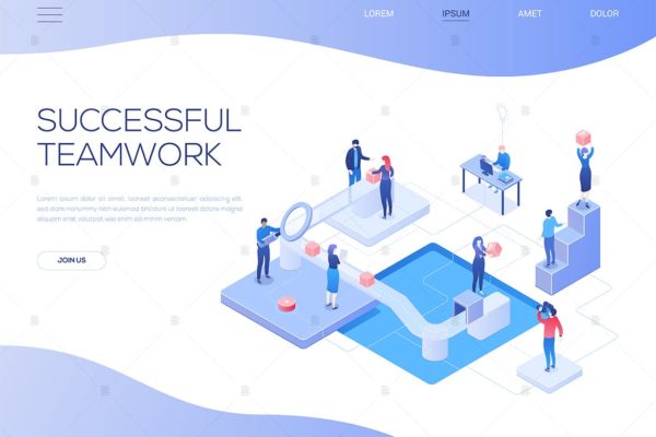 团队合作场景网站Banner设计等距素材库精选概念插画素材 Successful teamwork – isometric web banner