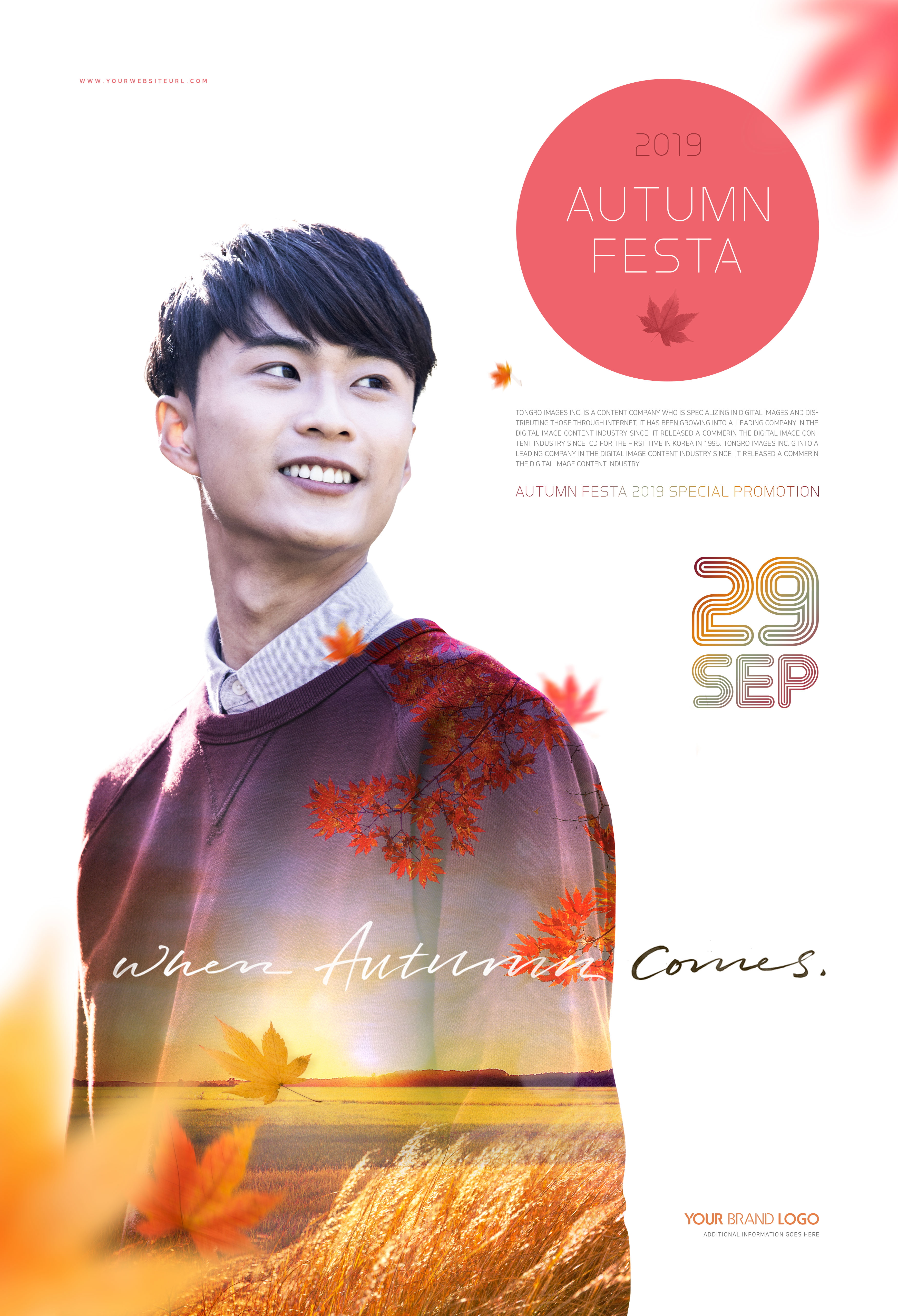 秋天季节人物双重曝光海报设计模板插图