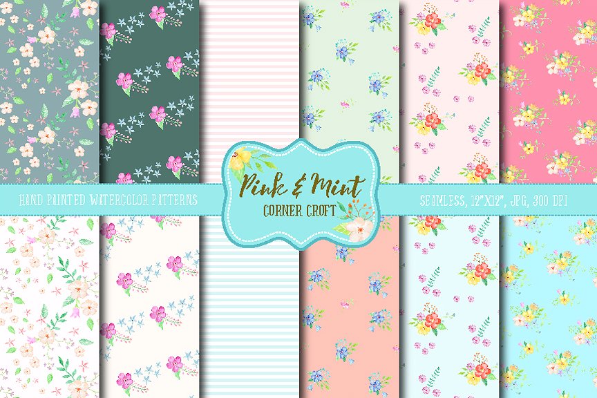 粉色和薄荷色礼品纸张图案素材 Digital Paper Floral Pink and Mint插图