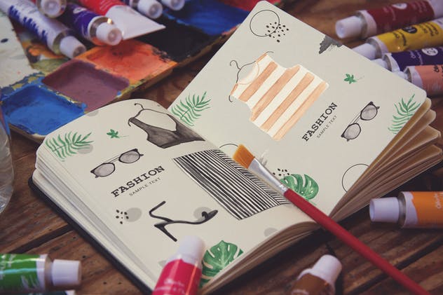 水彩画创作画室场景袖珍笔记本样机模板v2 Pocket Notebook Zoom插图(1)