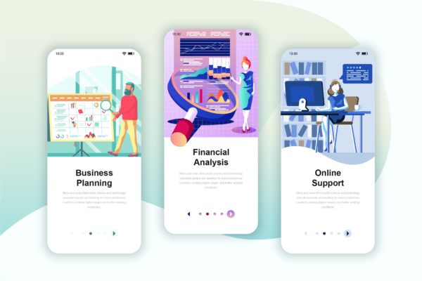 金融理财规划服务主题矢量插画APP引导页启动页设计模板 Instagram Stories Onboarding Screens Mobile App