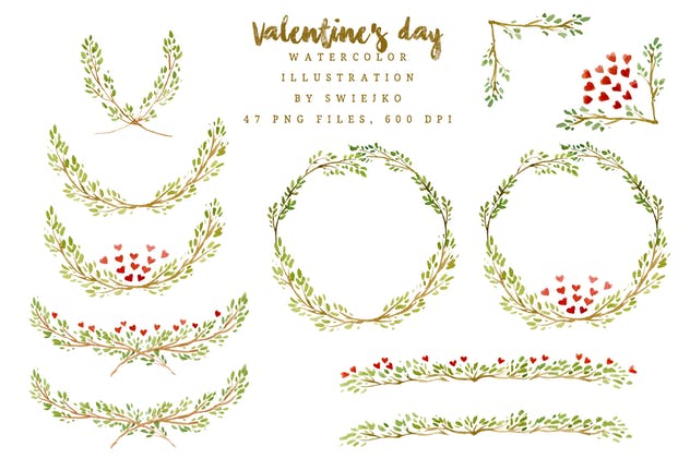 情人节手绘水彩叶子插画套装 Watercolor Valentine Illustration插图(2)