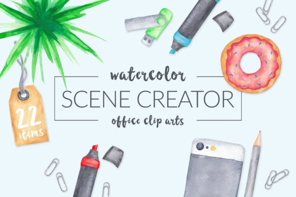 手绘水彩办公用具剪贴画&amp;场景模板 Watercolor Scene Creator