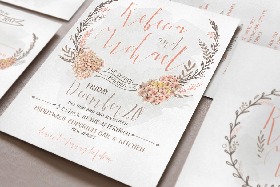 水彩花环花卉婚礼邀请物料模板 Wreath & Flower Wedding Suite插图(3)