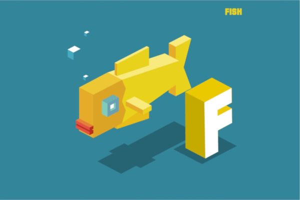 “F”鱼动物词汇字母2.5D插画素材 F for fish, Animal Alphabet