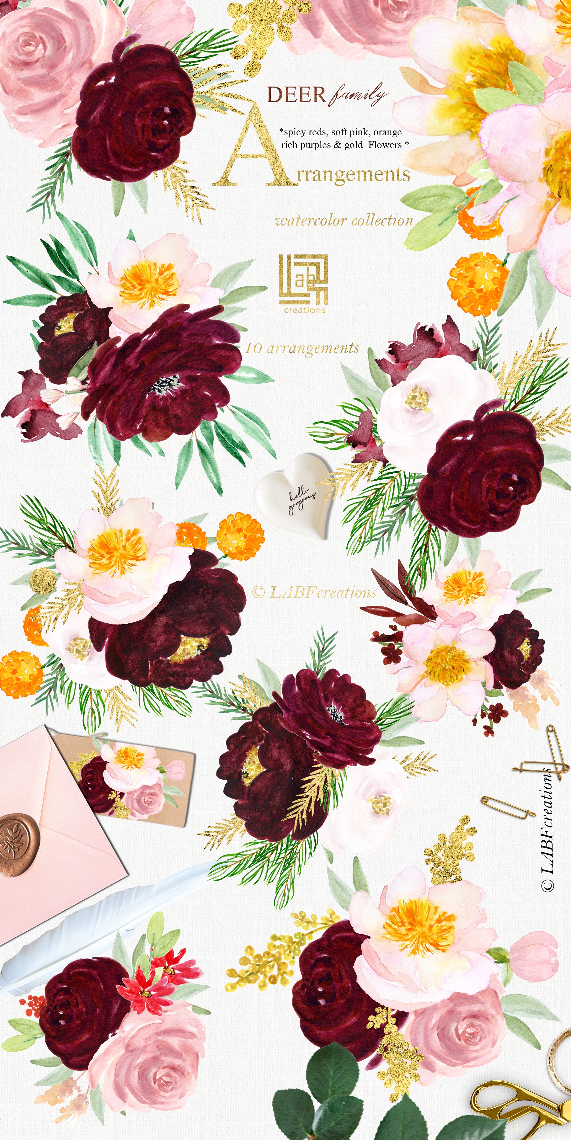 鹿家族/香辣红/橙金水彩手绘剪贴画 Deer family. Spicy red, orange gold插图(3)