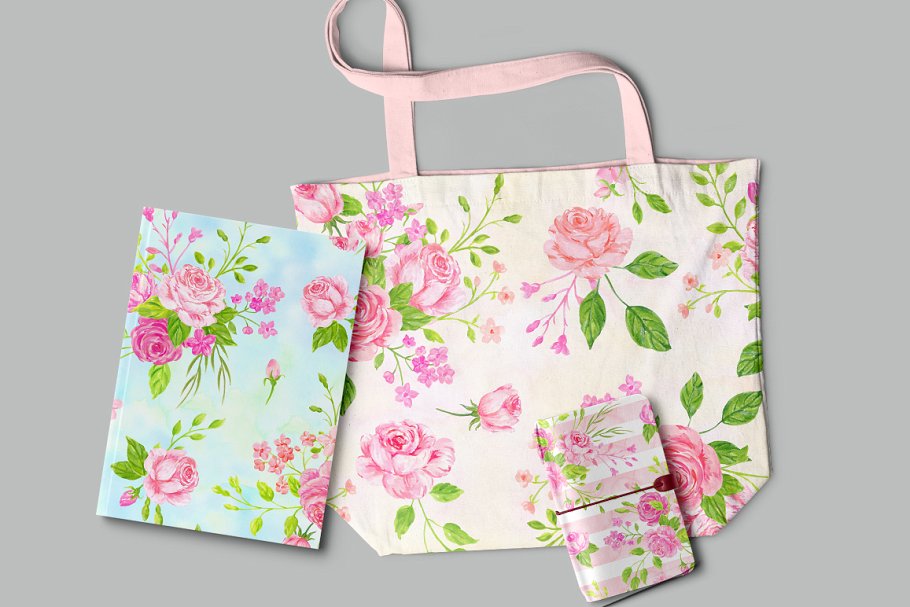 浪漫手绘水彩玫瑰花卉背景 Watercolor Pattern English Rose插图(5)