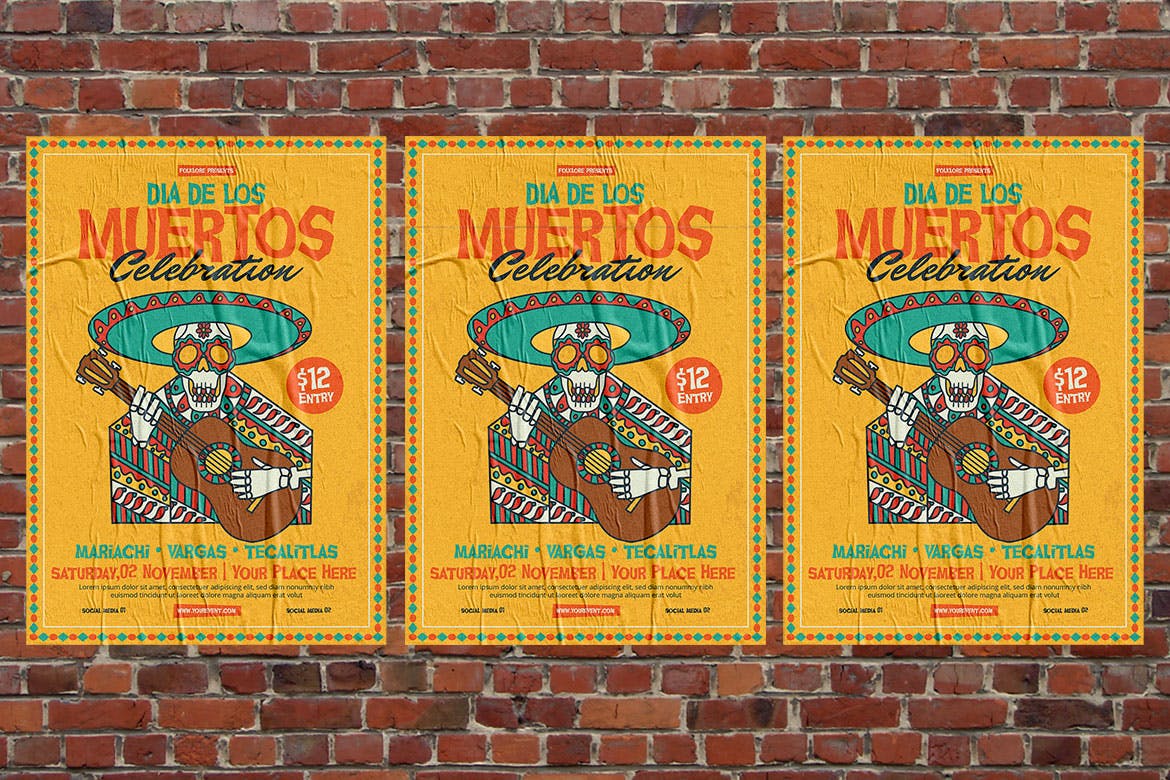 墨西哥亡灵节音乐派对活动海报传单模板 Dia De Los Muertos Celebration插图(3)