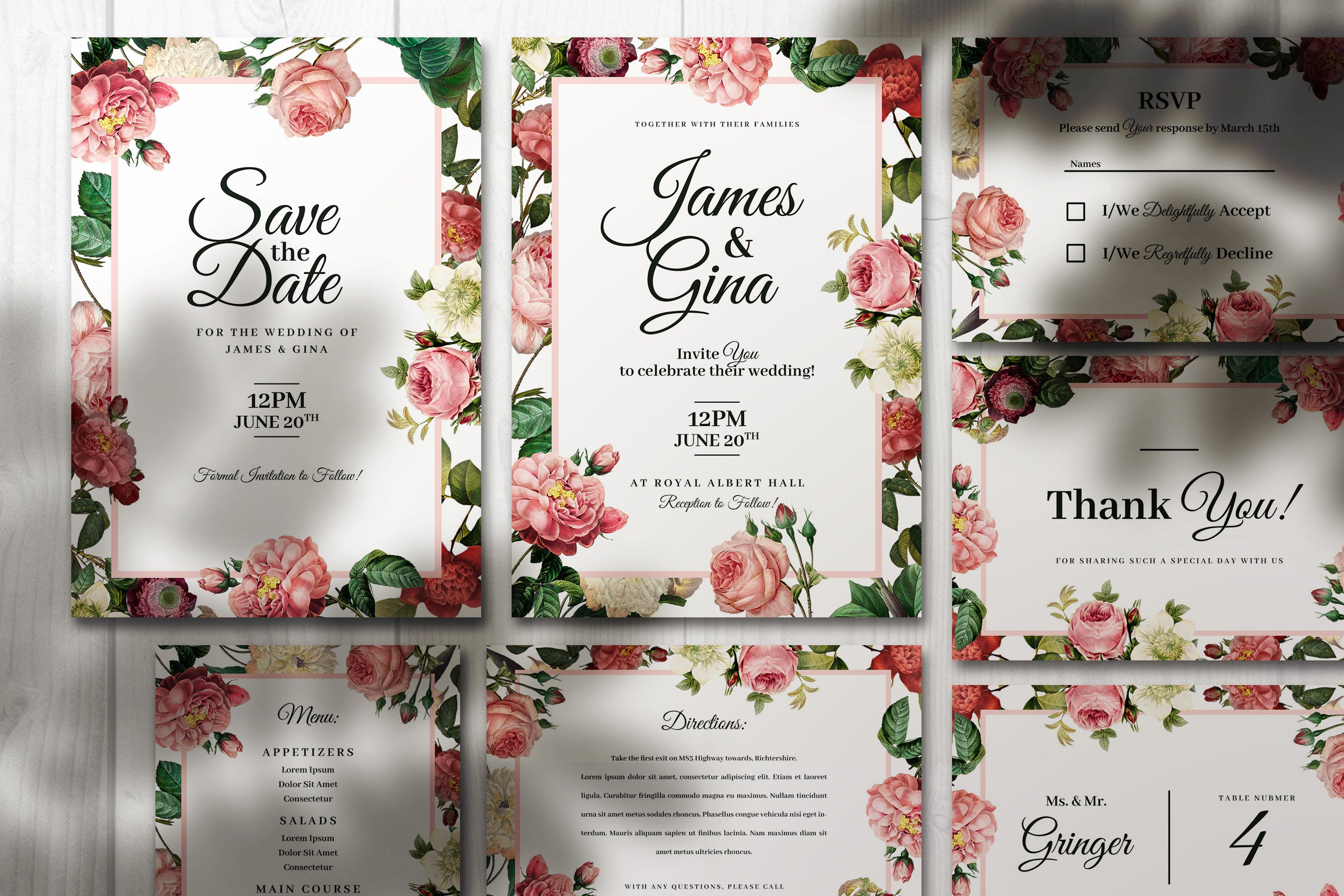 优雅花卉装饰婚宴邀请设计模板素材 Elegant Wedding Invitations With Flowers插图