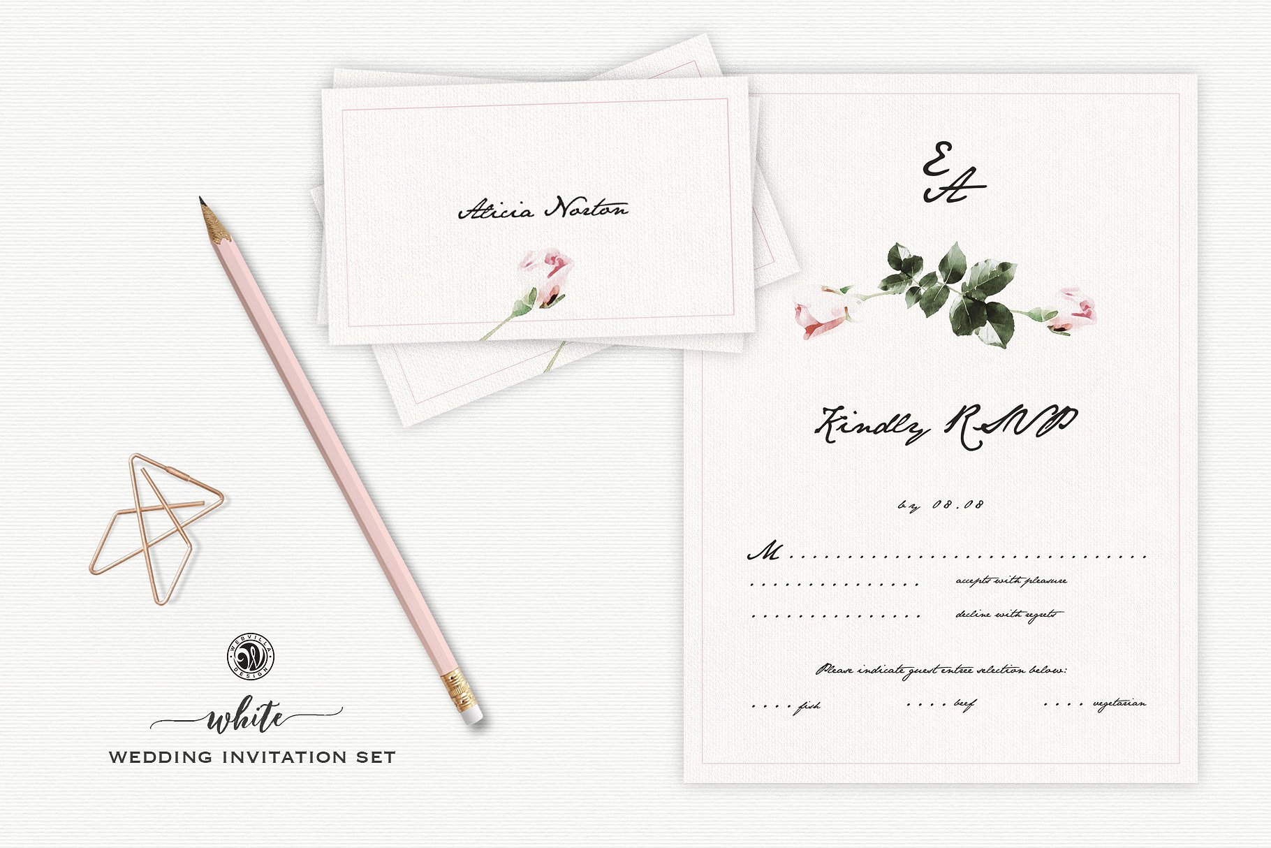 白色结婚邀请函设计模板素材 White Wedding Invitation Set插图(1)