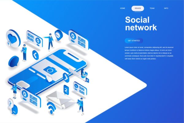新媒体社交媒体主题等距概念插画 Social Network Isometric Concept
