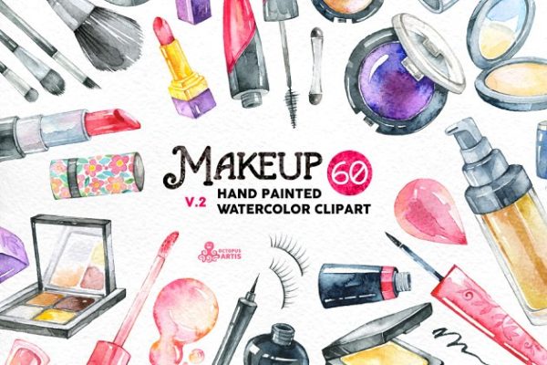 手绘水彩化妆工具插画v2 Watercolor Makeup v.2