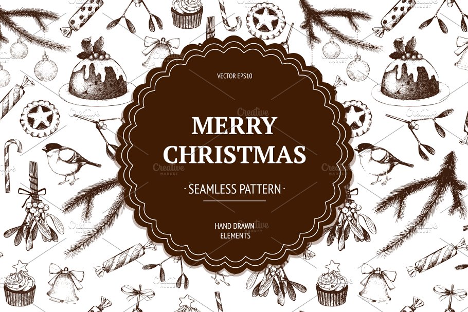 墨水手绘复古矢量圣诞插图 Vintage Christmas Illustrations插图(3)