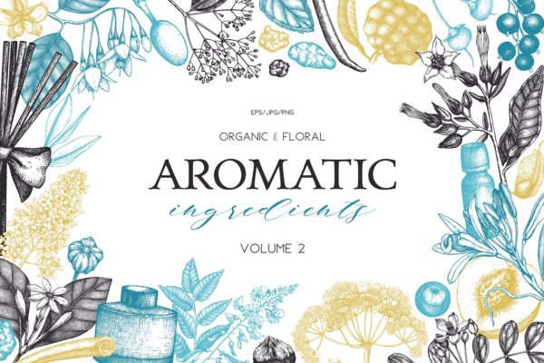 香料和化妆品成分水墨手绘插图集V.2 Perfumery &amp; Cosmetic Ingredients v.2