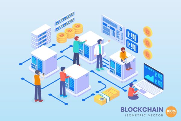 区块链技术主题等距矢量素材库精选概念插画素材 Isometric Blockchain Technology Vector Concept