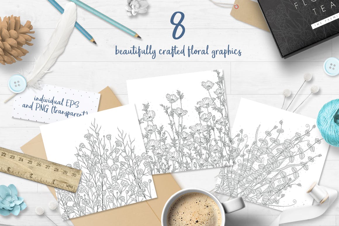 蒲公英线条手绘图案矢量背景素材 Delicate Floral Line Backgrounds插图(1)