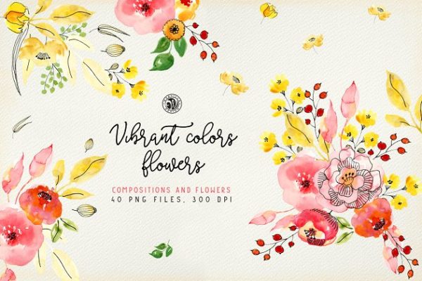 手工制作的水彩花朵花卉 Vibrant Colors Flowers