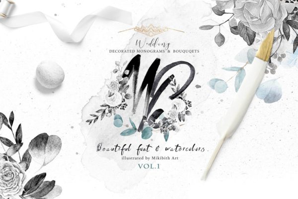 灰色字母&amp;花卉水彩套装 Monograms &amp; bouquets vol.1 Artarian