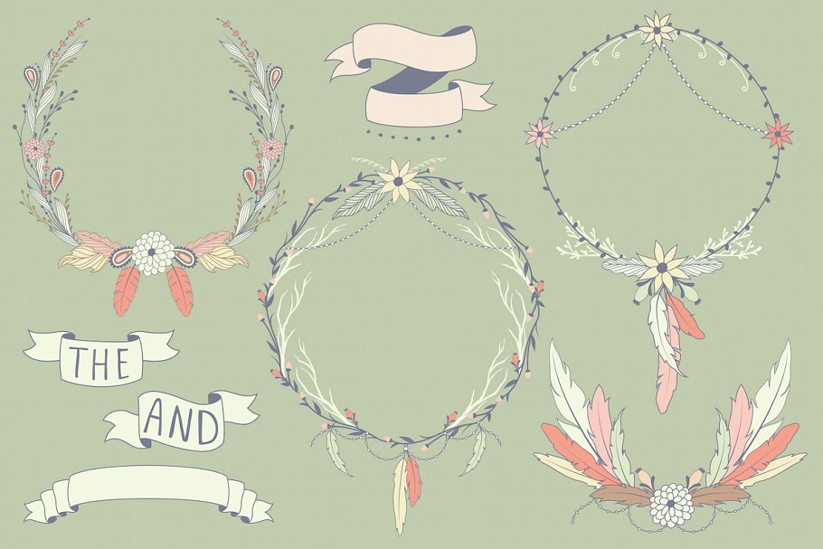 波西米亚风花环&印花剪贴画系列 Boho Wreaths & Florals Collection插图(1)