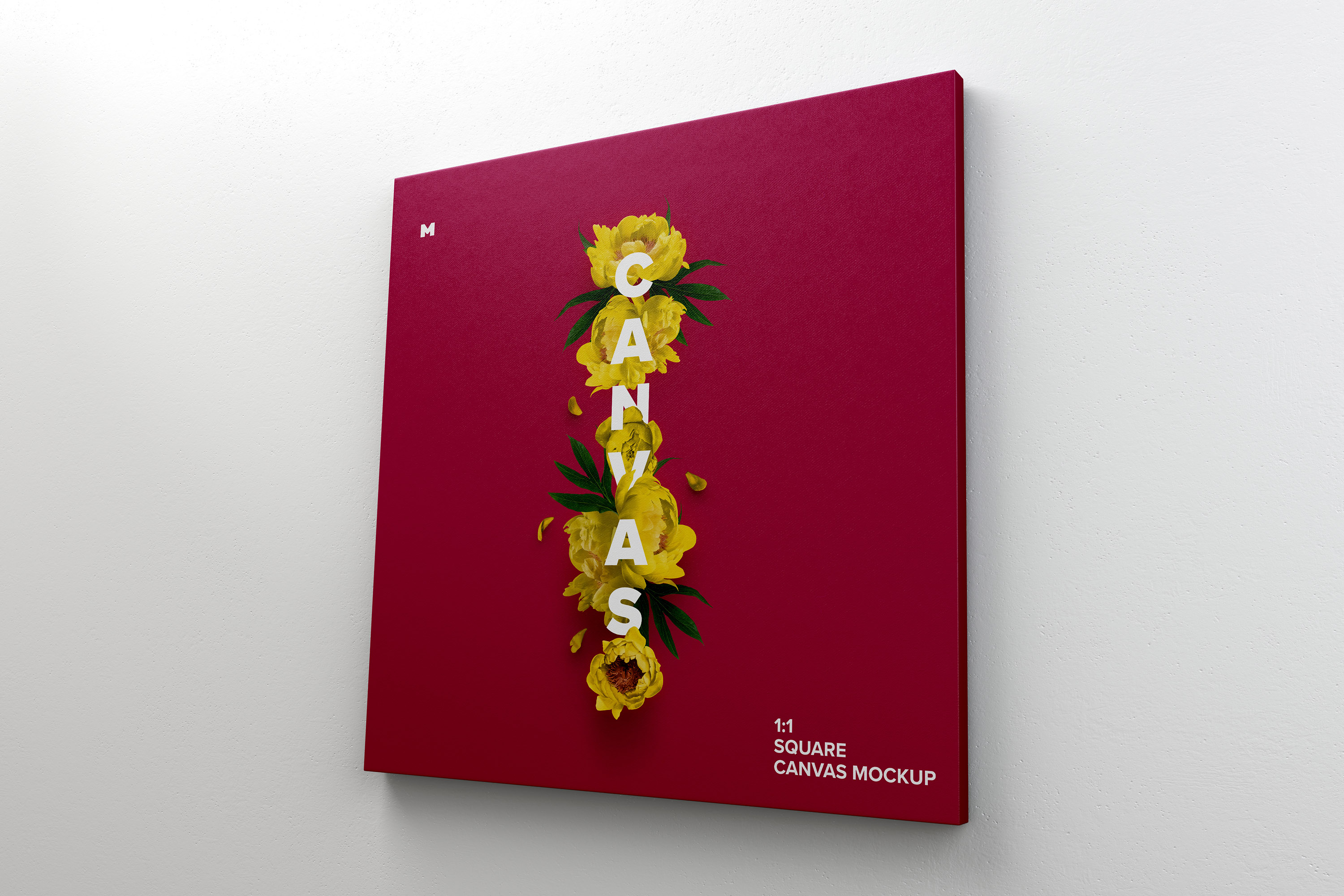 挂墙方形画布油画艺术作品展览右视图样机模板 Square Canvas Mockup Hanging on Wall, Right View插图