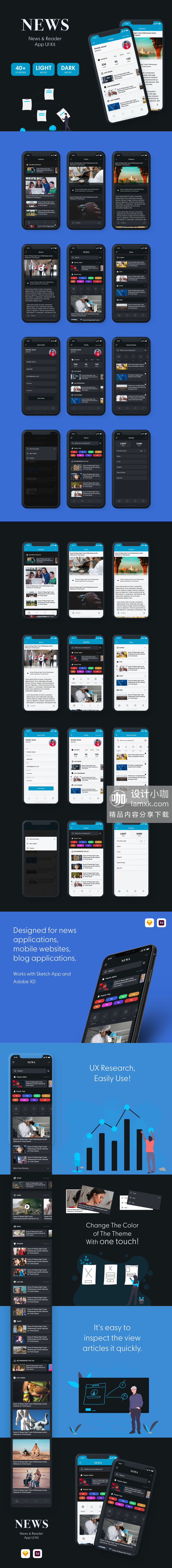 素材库下午茶：新闻资讯阅读类APP UI KIT套装模板下载 [Sketch,XD]
