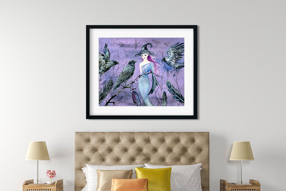 万圣节乌鸦和女巫水彩插画 Watecolor Halloween Crows & Witch插图(4)