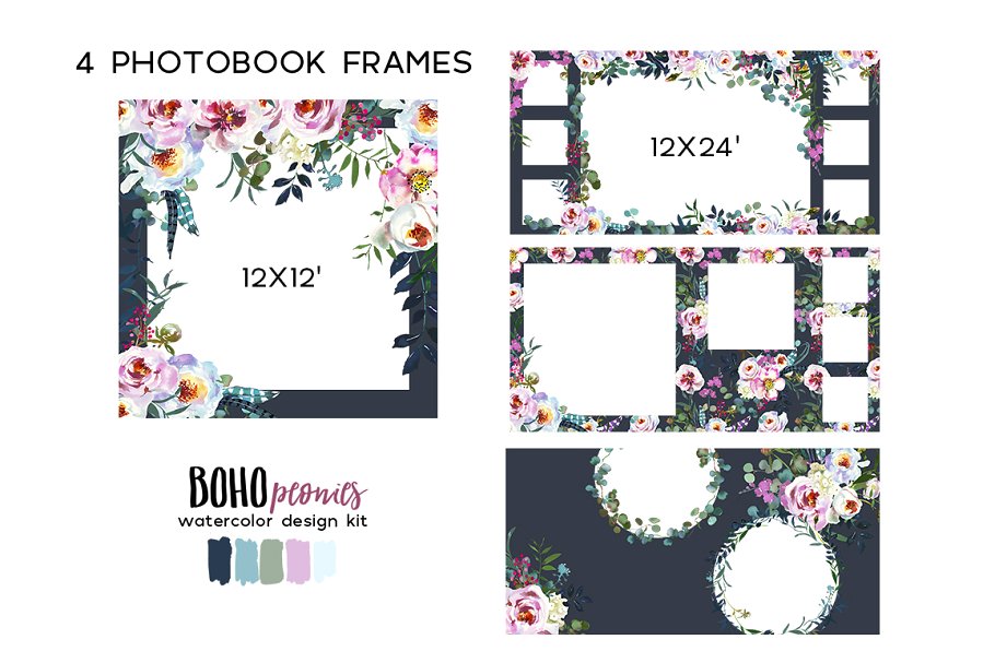 波西米亚风白色&粉色牡丹水彩剪贴画 Boho White Pink Peonies Watercolor插图(4)