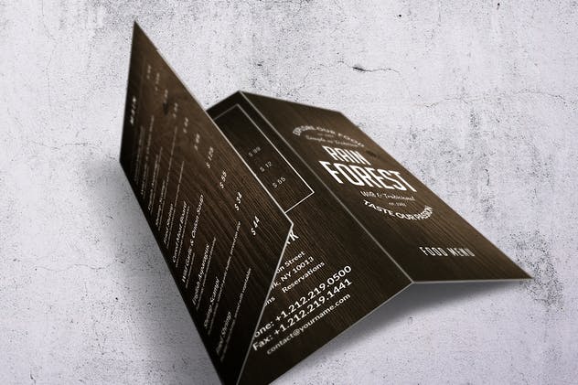 复古木纹三折页食物菜单设计模板 Rain Forest Trifold A4 & US Letter Menu插图(1)