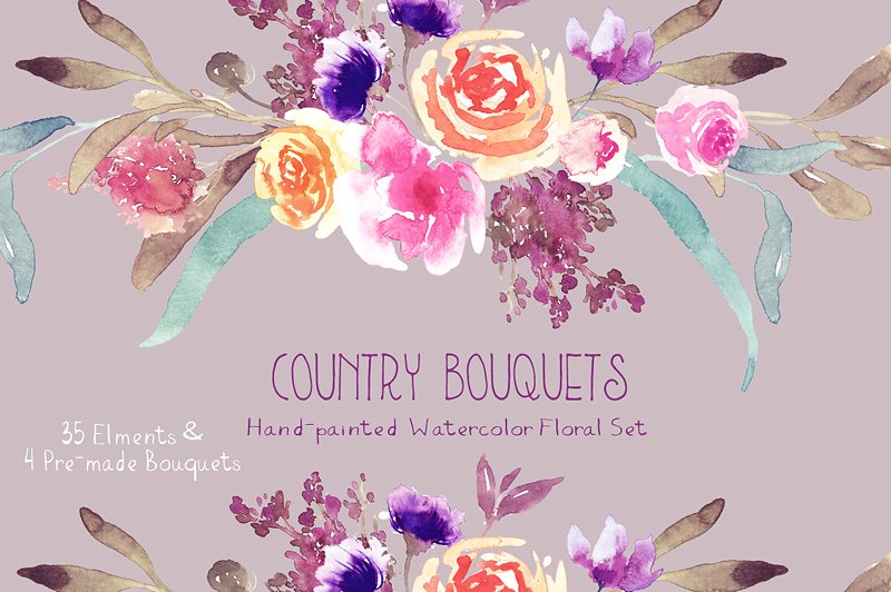 乡村水彩花束花卉剪贴画 Country Bouquets – Watercolor Floral插图(3)
