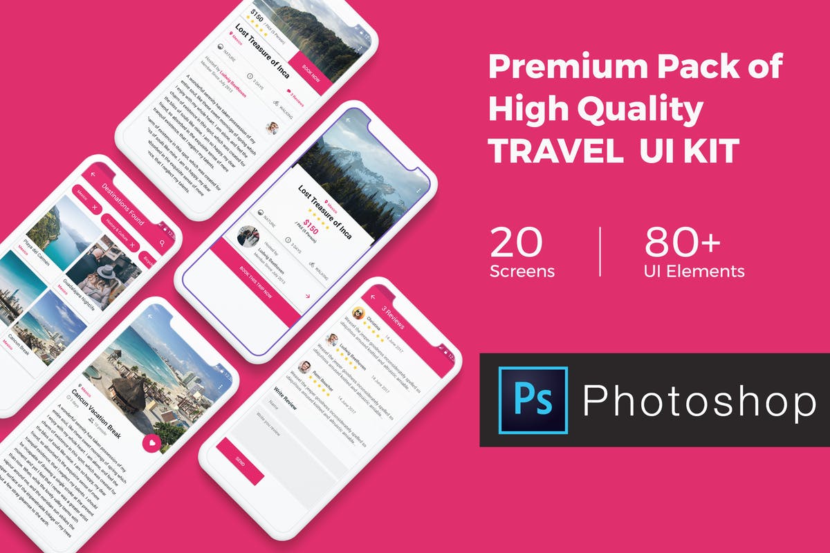 旅游景点/旅游日志APP应用UI界面设计套装 Premium Travel UI KIT for Photoshop插图