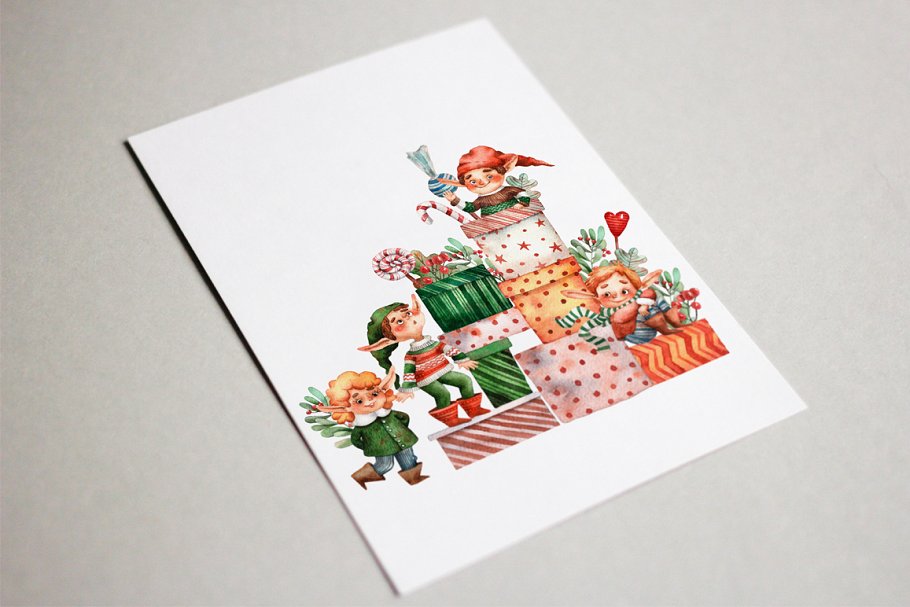 圣诞老人的小帮手水彩插画素材插图(9)